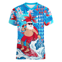 Hawaii Christmas Women V Neck T Shirt Santa Claus Surfing Kakau Tropical Style - Wonder Print Shop