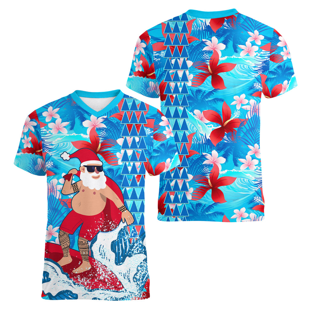 Hawaii Christmas Women V Neck T Shirt Santa Claus Surfing Kakau Tropical Style - Wonder Print Shop