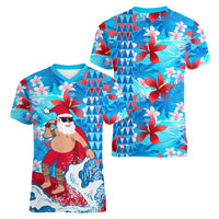 Hawaii Christmas Women V Neck T Shirt Santa Claus Surfing Kakau Tropical Style - Wonder Print Shop