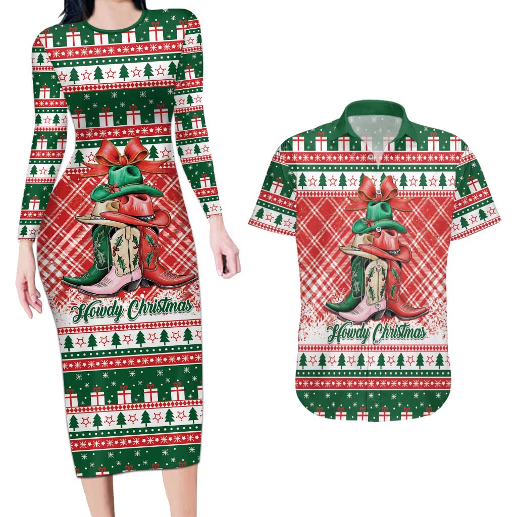 Personalized Cowgirl Boots Howdy Christmas Couples Matching Long Sleeve Bodycon Dress and Hawaiian Shirt Western Christmas - Wonder Print Shop
