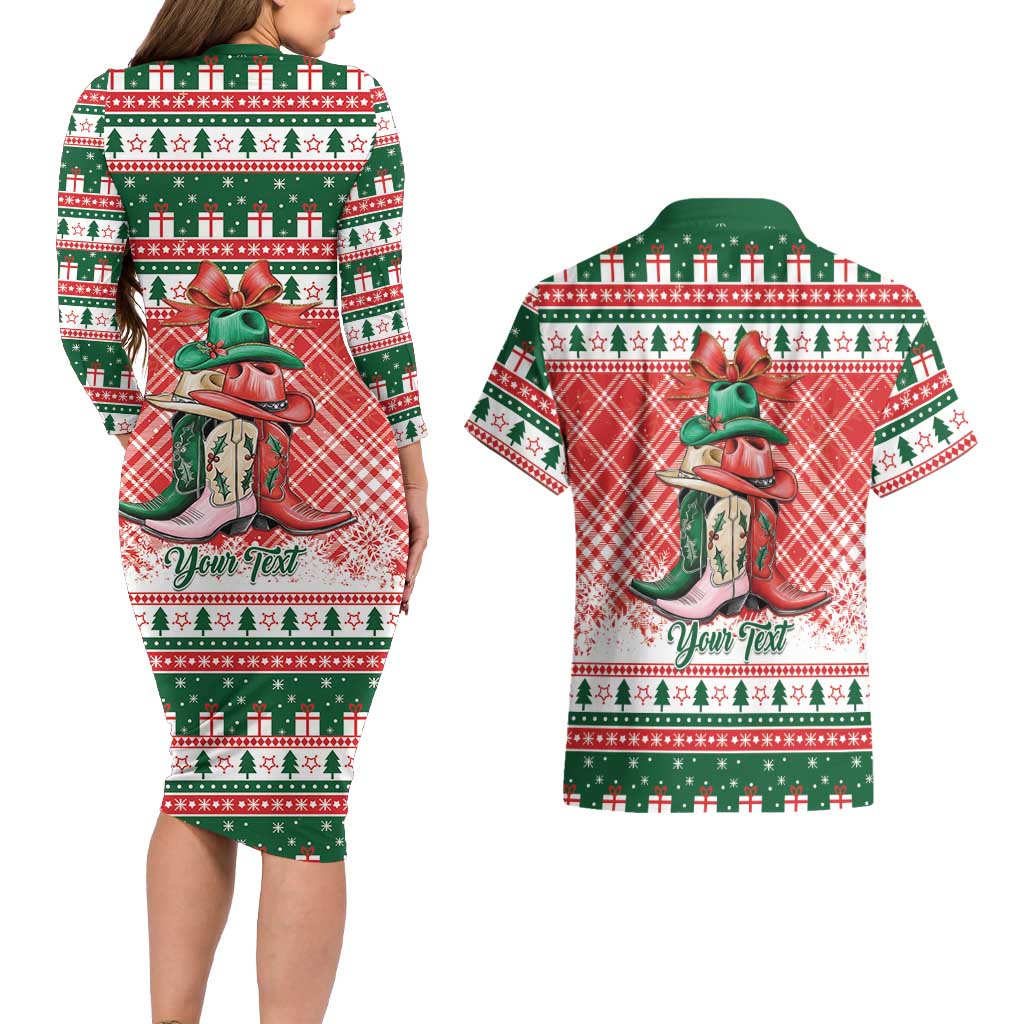 Personalized Cowgirl Boots Howdy Christmas Couples Matching Long Sleeve Bodycon Dress and Hawaiian Shirt Western Christmas - Wonder Print Shop