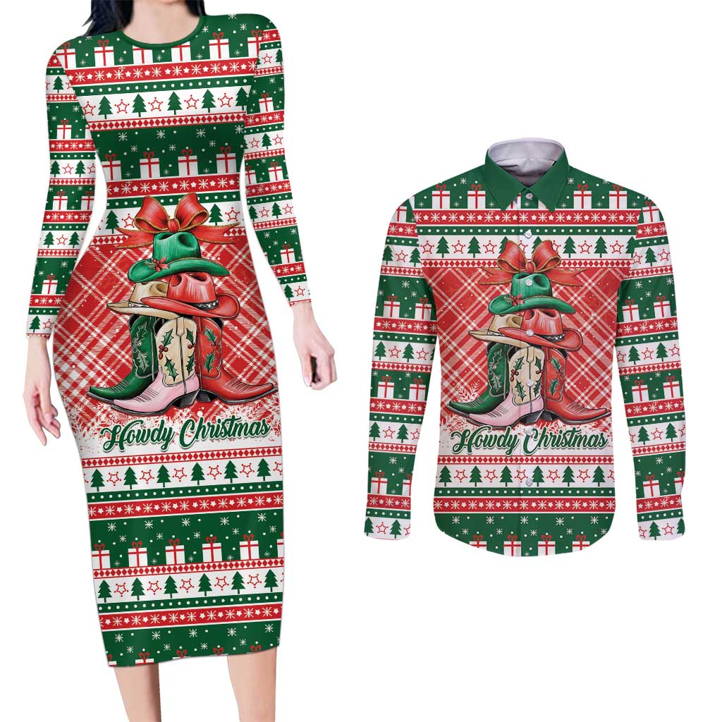 Personalized Cowgirl Boots Howdy Christmas Couples Matching Long Sleeve Bodycon Dress and Long Sleeve Button Shirt Western Christmas - Wonder Print Shop