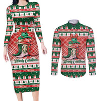 Personalized Cowgirl Boots Howdy Christmas Couples Matching Long Sleeve Bodycon Dress and Long Sleeve Button Shirt Western Christmas - Wonder Print Shop