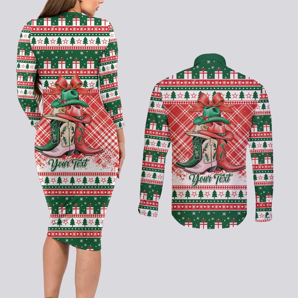 Personalized Cowgirl Boots Howdy Christmas Couples Matching Long Sleeve Bodycon Dress and Long Sleeve Button Shirt Western Christmas - Wonder Print Shop