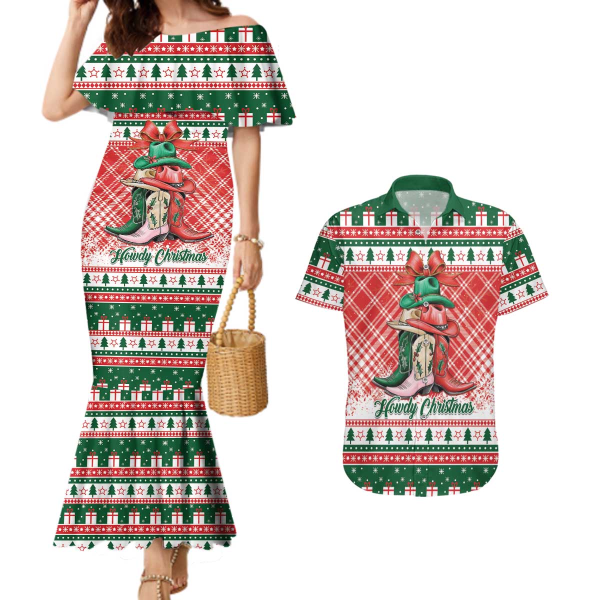Personalized Cowgirl Boots Howdy Christmas Couples Matching Mermaid Dress and Hawaiian Shirt Western Christmas - Wonder Print Shop