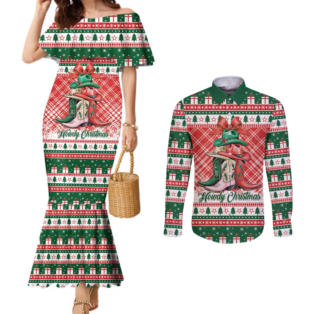 Personalized Cowgirl Boots Howdy Christmas Couples Matching Mermaid Dress and Long Sleeve Button Shirt Western Christmas - Wonder Print Shop