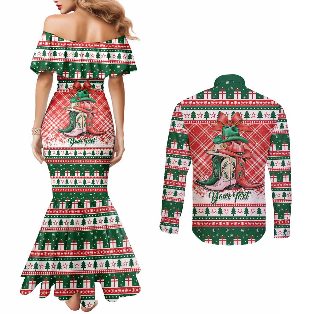 Personalized Cowgirl Boots Howdy Christmas Couples Matching Mermaid Dress and Long Sleeve Button Shirt Western Christmas - Wonder Print Shop