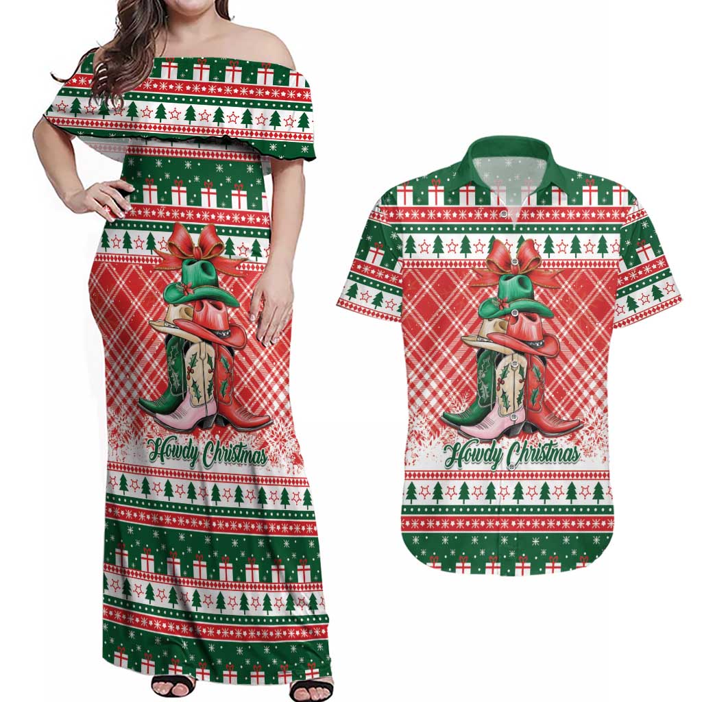 Personalized Cowgirl Boots Howdy Christmas Couples Matching Off Shoulder Maxi Dress and Hawaiian Shirt Western Christmas - Wonder Print Shop