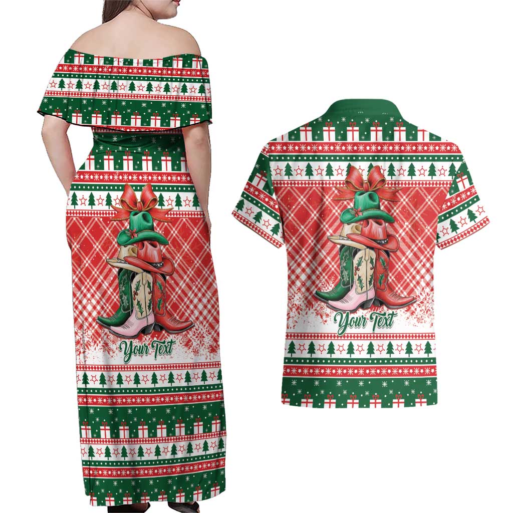 Personalized Cowgirl Boots Howdy Christmas Couples Matching Off Shoulder Maxi Dress and Hawaiian Shirt Western Christmas - Wonder Print Shop
