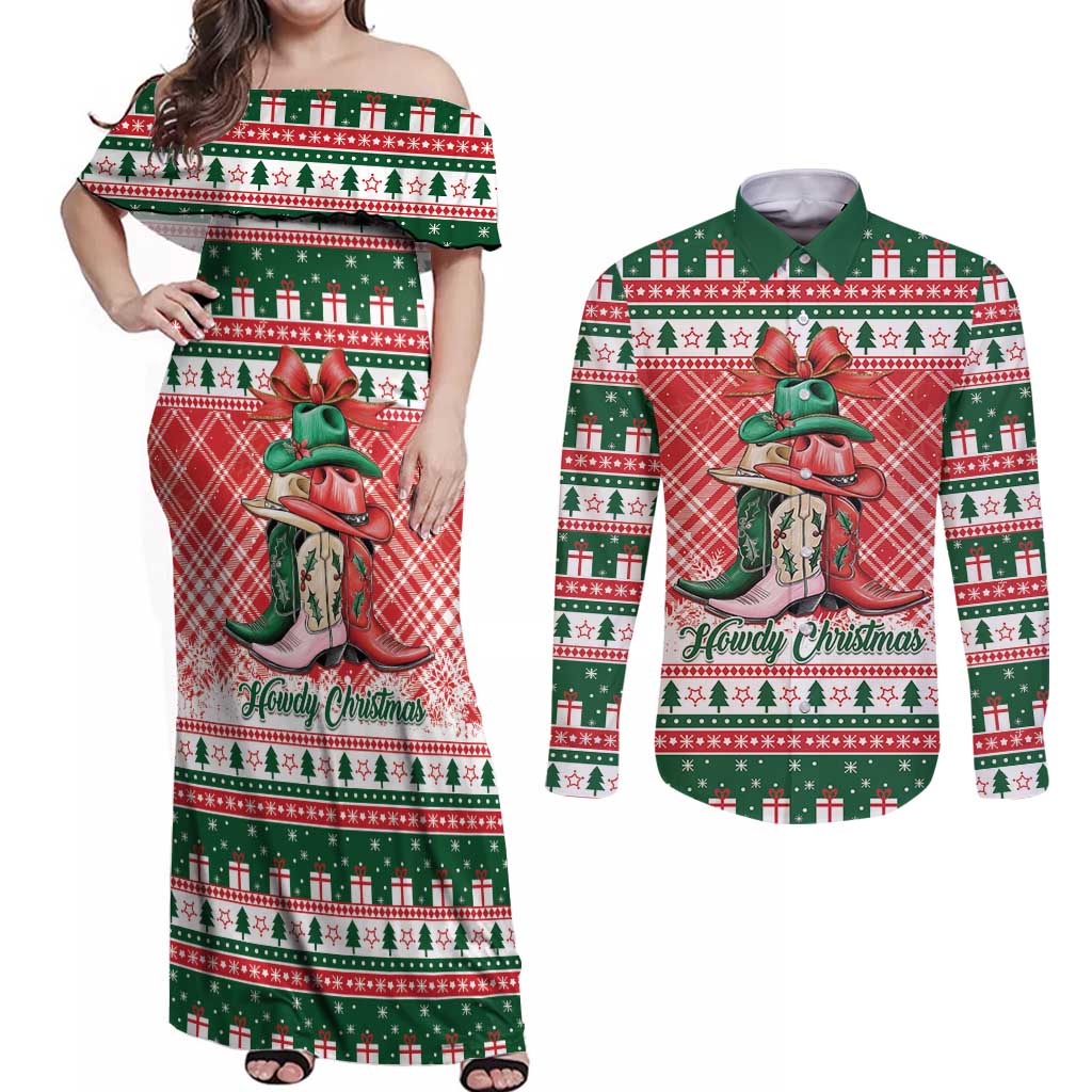 Personalized Cowgirl Boots Howdy Christmas Couples Matching Off Shoulder Maxi Dress and Long Sleeve Button Shirt Western Christmas - Wonder Print Shop