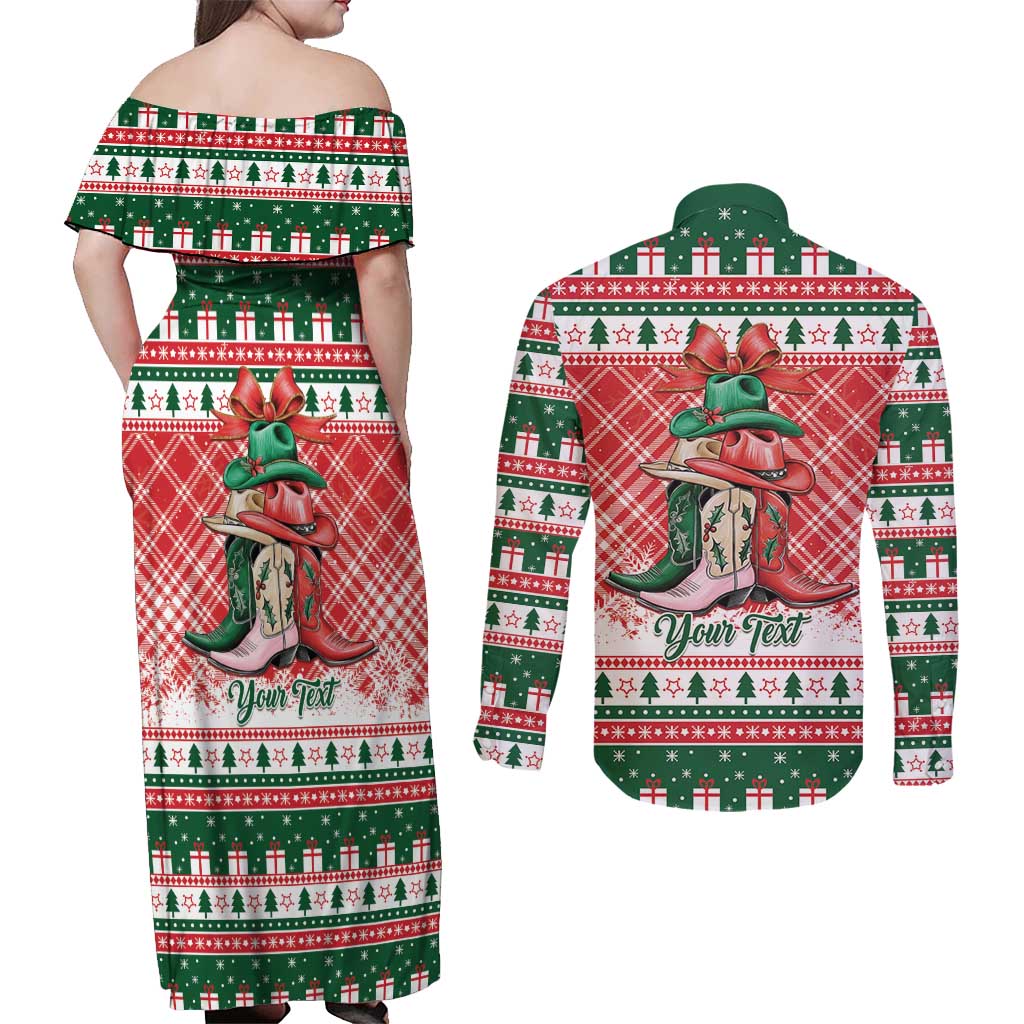 Personalized Cowgirl Boots Howdy Christmas Couples Matching Off Shoulder Maxi Dress and Long Sleeve Button Shirt Western Christmas - Wonder Print Shop