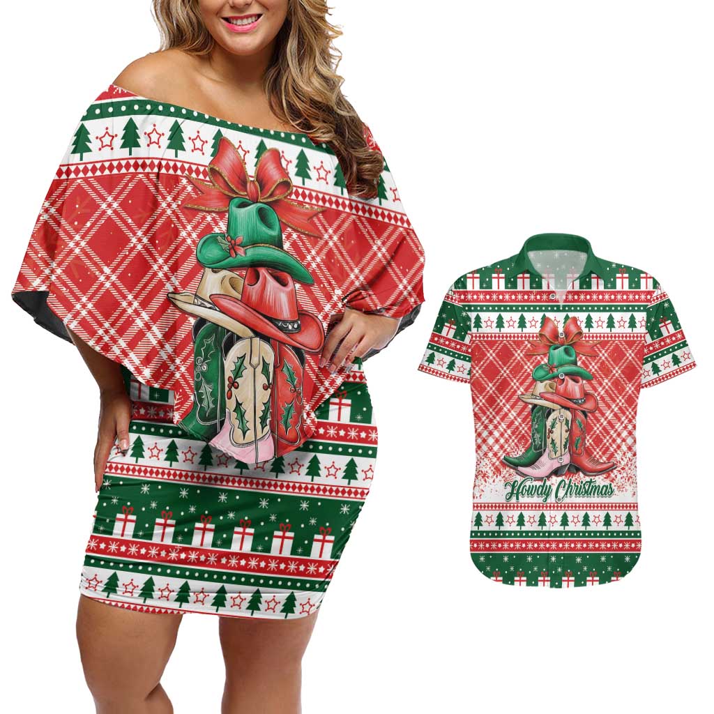 Personalized Cowgirl Boots Howdy Christmas Couples Matching Off Shoulder Short Dress and Hawaiian Shirt Western Christmas - Wonder Print Shop