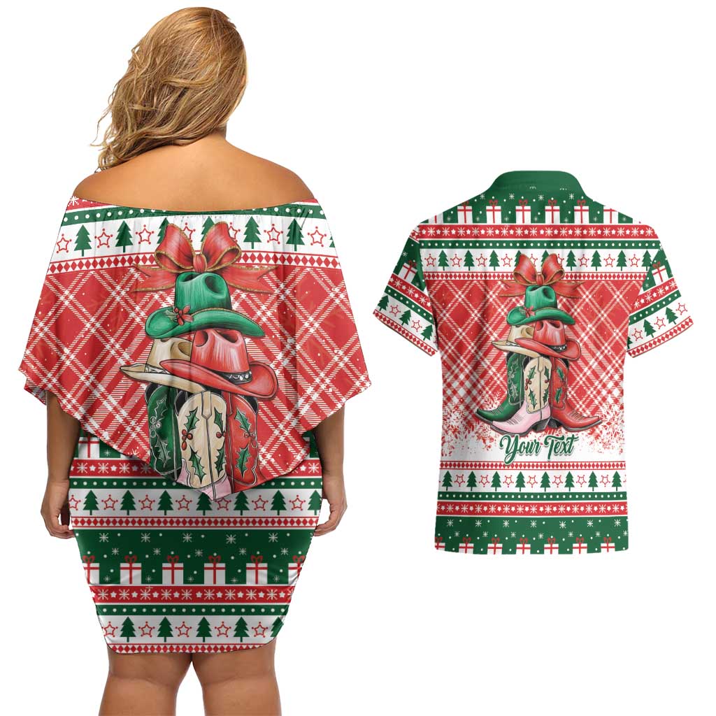 Personalized Cowgirl Boots Howdy Christmas Couples Matching Off Shoulder Short Dress and Hawaiian Shirt Western Christmas - Wonder Print Shop