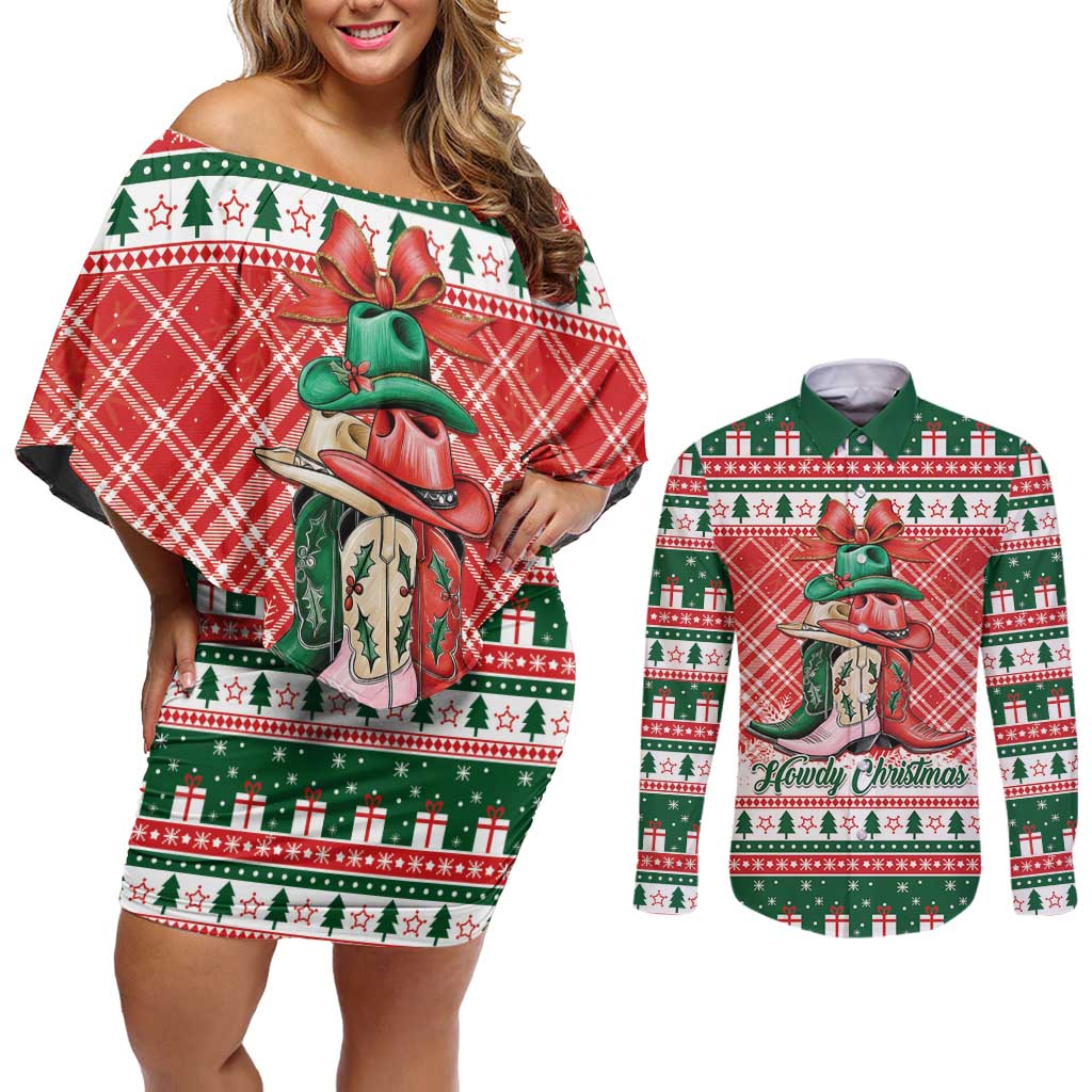 Personalized Cowgirl Boots Howdy Christmas Couples Matching Off Shoulder Short Dress and Long Sleeve Button Shirt Western Christmas - Wonder Print Shop