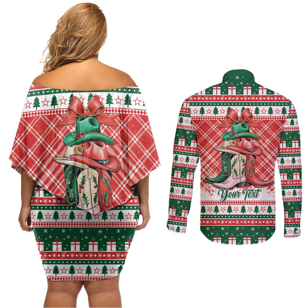Personalized Cowgirl Boots Howdy Christmas Couples Matching Off Shoulder Short Dress and Long Sleeve Button Shirt Western Christmas - Wonder Print Shop