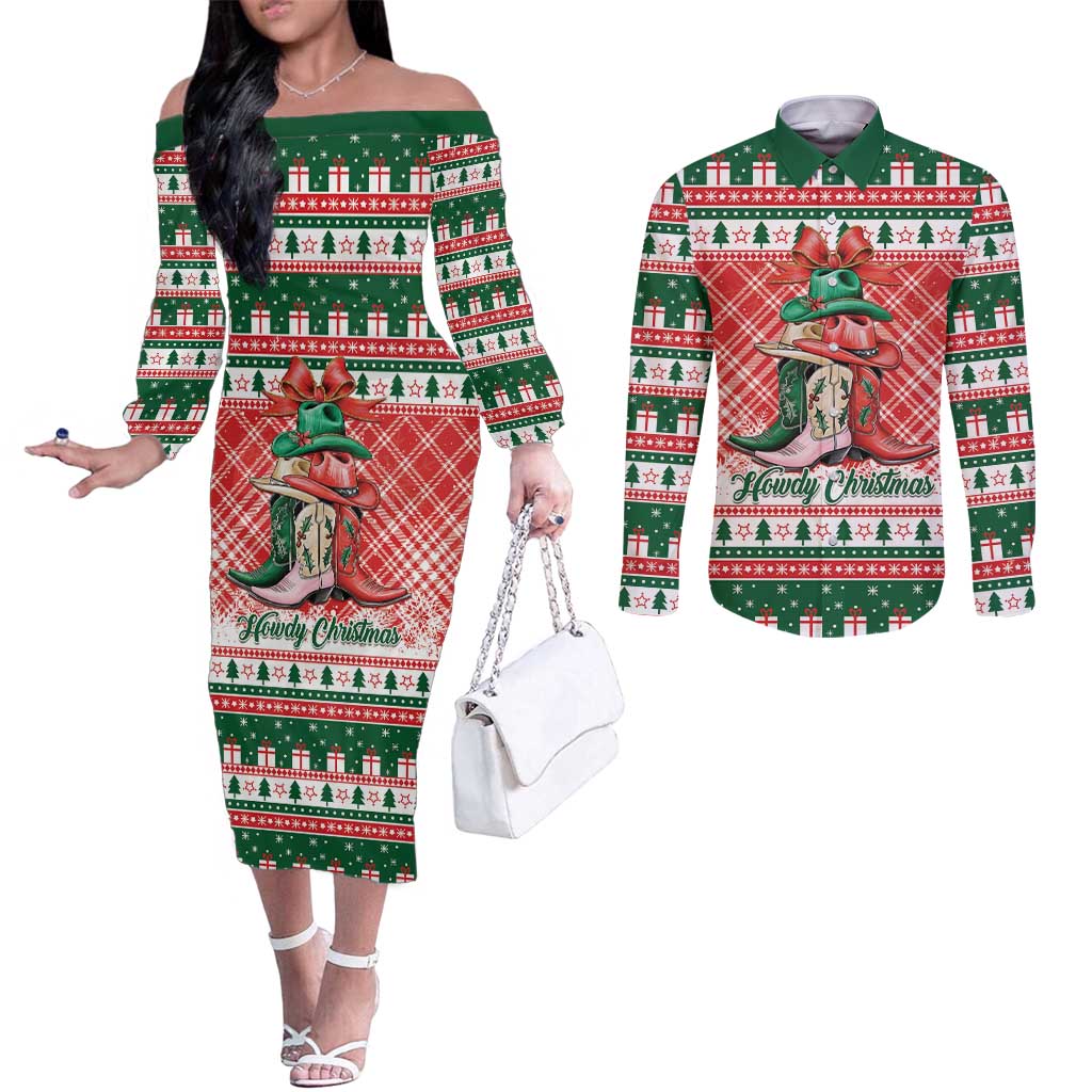 Personalized Cowgirl Boots Howdy Christmas Couples Matching Off The Shoulder Long Sleeve Dress and Long Sleeve Button Shirt Western Christmas - Wonder Print Shop