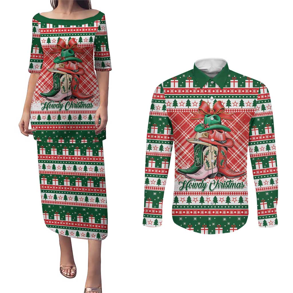 Personalized Cowgirl Boots Howdy Christmas Couples Matching Puletasi and Long Sleeve Button Shirt Western Christmas - Wonder Print Shop