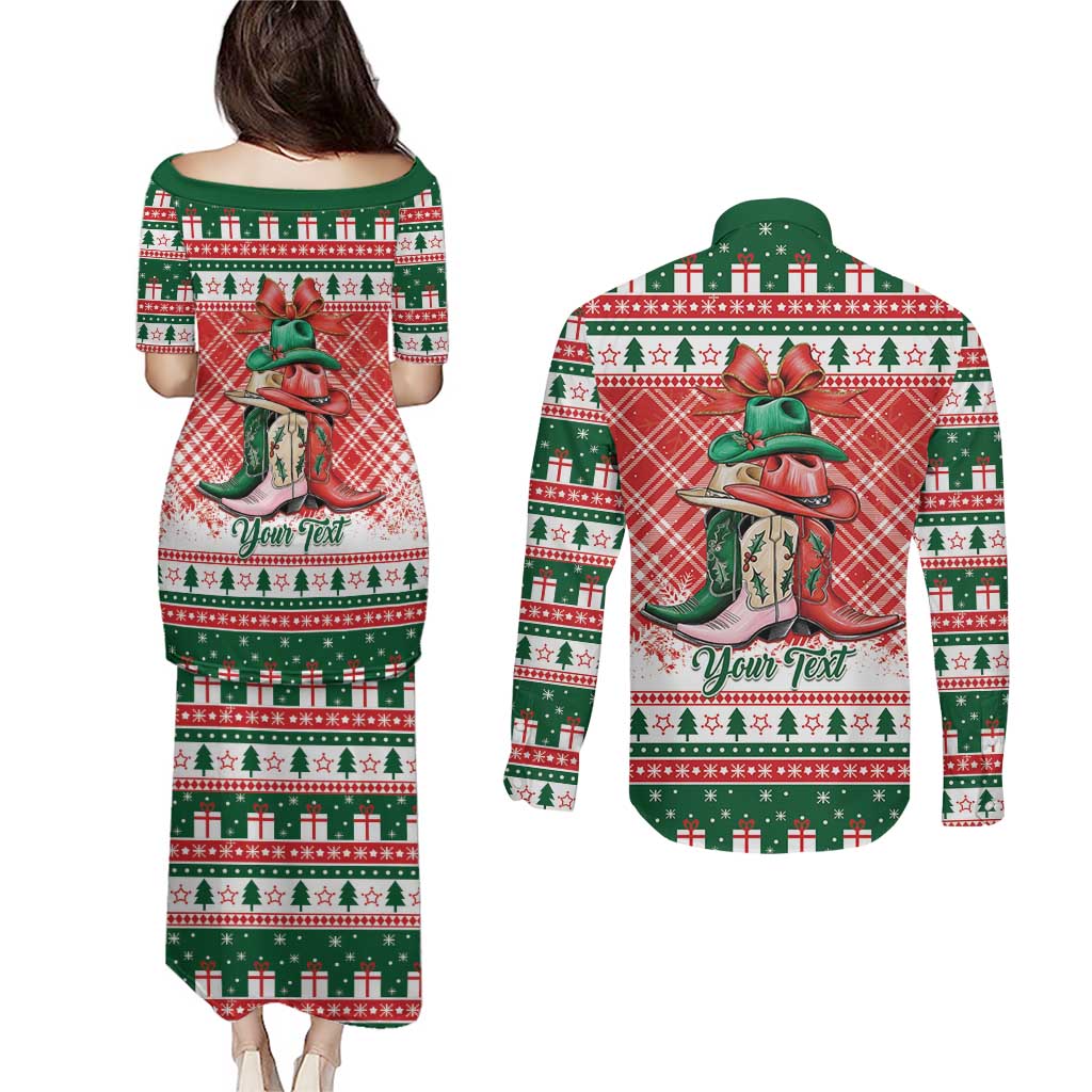 Personalized Cowgirl Boots Howdy Christmas Couples Matching Puletasi and Long Sleeve Button Shirt Western Christmas - Wonder Print Shop