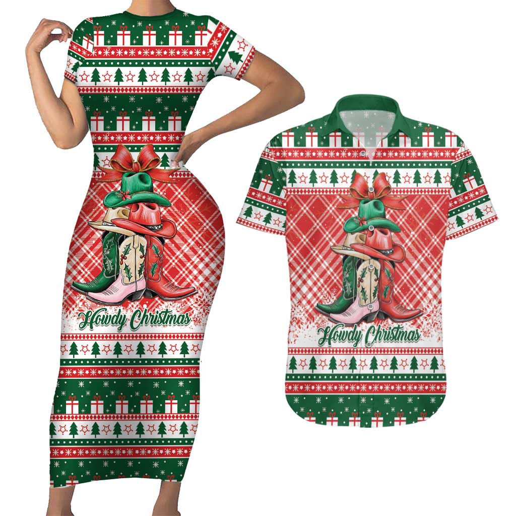Personalized Cowgirl Boots Howdy Christmas Couples Matching Short Sleeve Bodycon Dress and Hawaiian Shirt Western Christmas - Wonder Print Shop