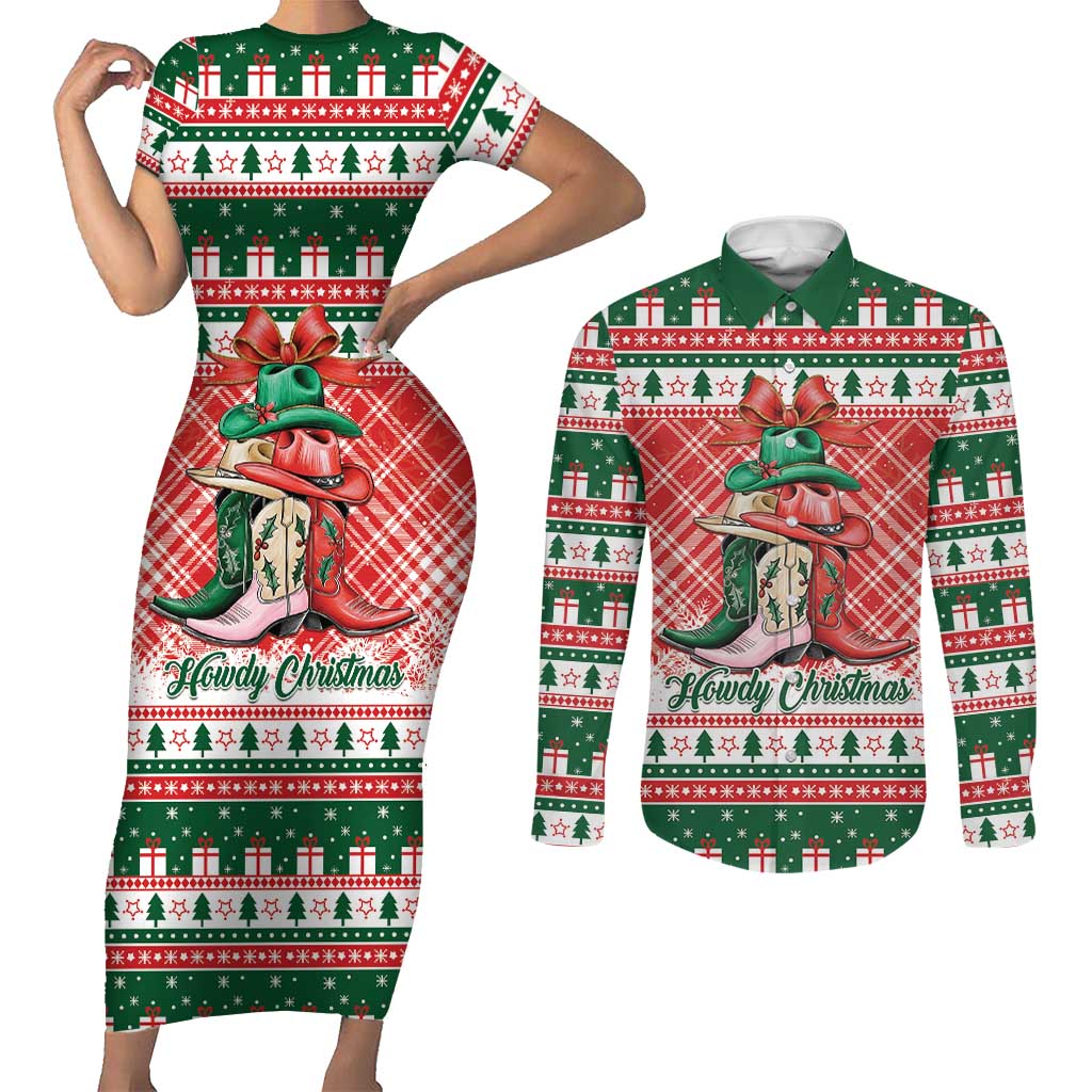 Personalized Cowgirl Boots Howdy Christmas Couples Matching Short Sleeve Bodycon Dress and Long Sleeve Button Shirt Western Christmas - Wonder Print Shop
