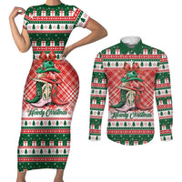 Personalized Cowgirl Boots Howdy Christmas Couples Matching Short Sleeve Bodycon Dress and Long Sleeve Button Shirt Western Christmas - Wonder Print Shop