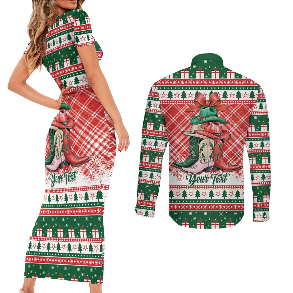 Personalized Cowgirl Boots Howdy Christmas Couples Matching Short Sleeve Bodycon Dress and Long Sleeve Button Shirt Western Christmas - Wonder Print Shop
