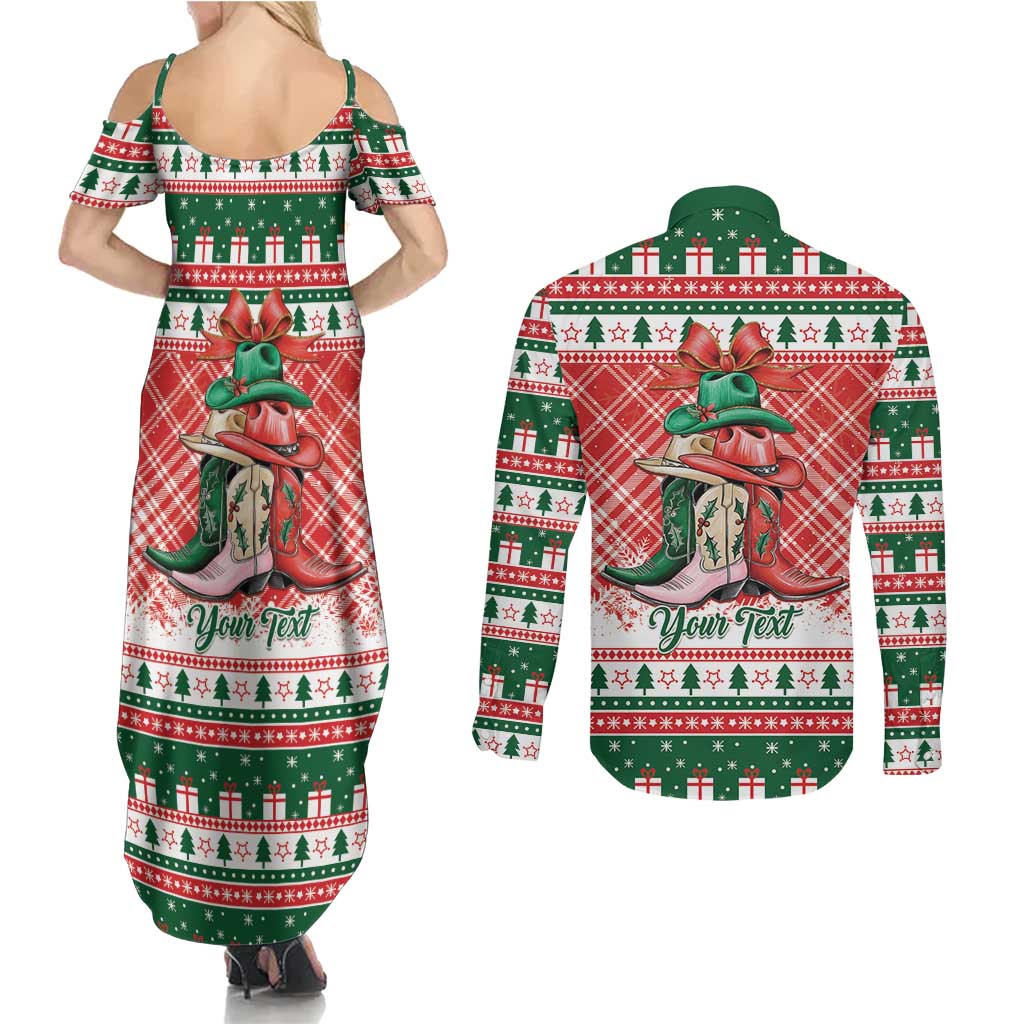 Personalized Cowgirl Boots Howdy Christmas Couples Matching Summer Maxi Dress and Long Sleeve Button Shirt Western Christmas - Wonder Print Shop