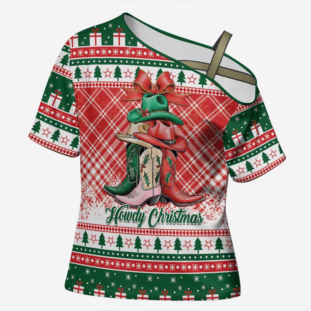 Personalized Cowgirl Boots Howdy Christmas Cross Shoulder Shirt Western Christmas - Wonder Print Shop