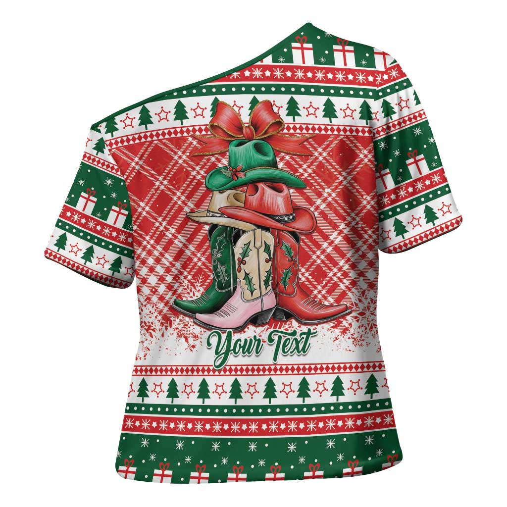 Personalized Cowgirl Boots Howdy Christmas Cross Shoulder Shirt Western Christmas - Wonder Print Shop