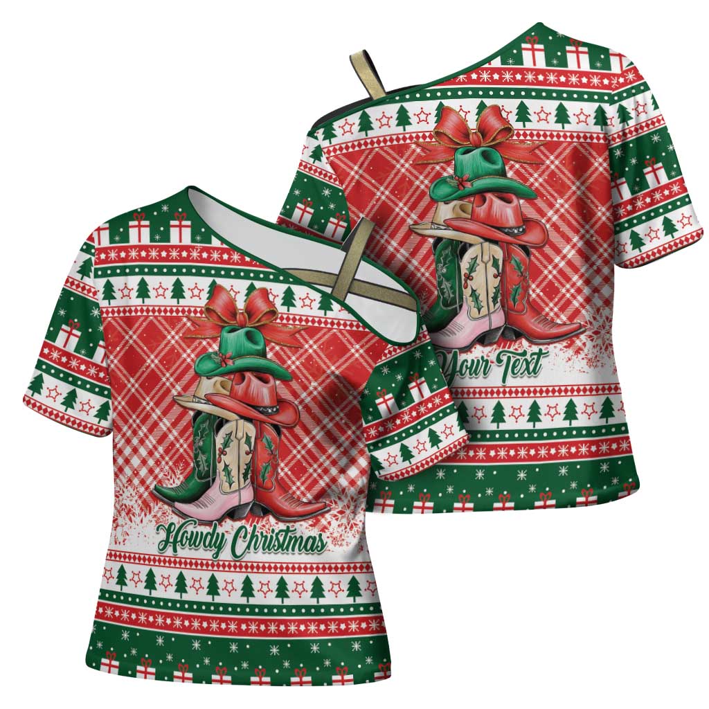Personalized Cowgirl Boots Howdy Christmas Cross Shoulder Shirt Western Christmas - Wonder Print Shop