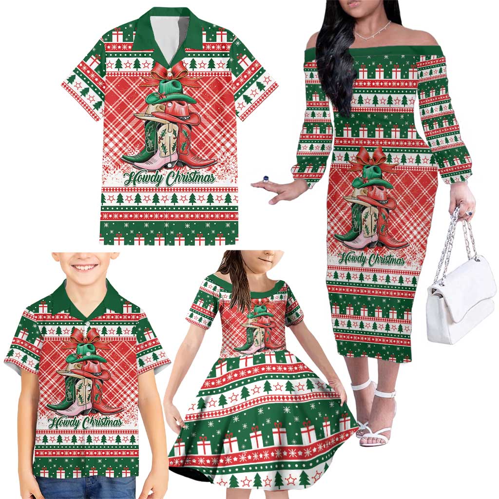 Personalized Cowgirl Boots Howdy Christmas Family Matching Off The Shoulder Long Sleeve Dress and Hawaiian Shirt Western Christmas - Wonder Print Shop