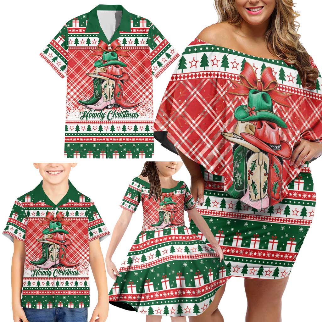 Personalized Cowgirl Boots Howdy Christmas Family Matching Off Shoulder Short Dress and Hawaiian Shirt Western Christmas - Wonder Print Shop