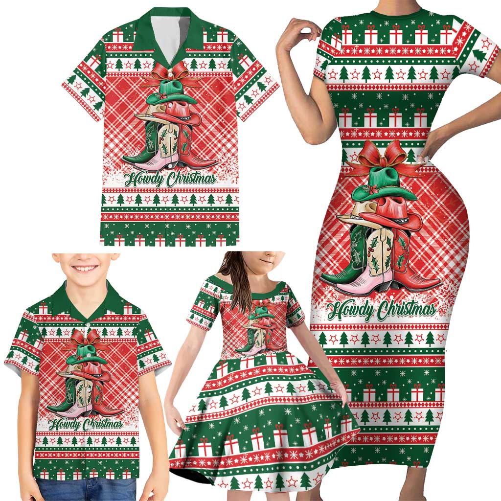 Personalized Cowgirl Boots Howdy Christmas Family Matching Short Sleeve Bodycon Dress and Hawaiian Shirt Western Christmas - Wonder Print Shop