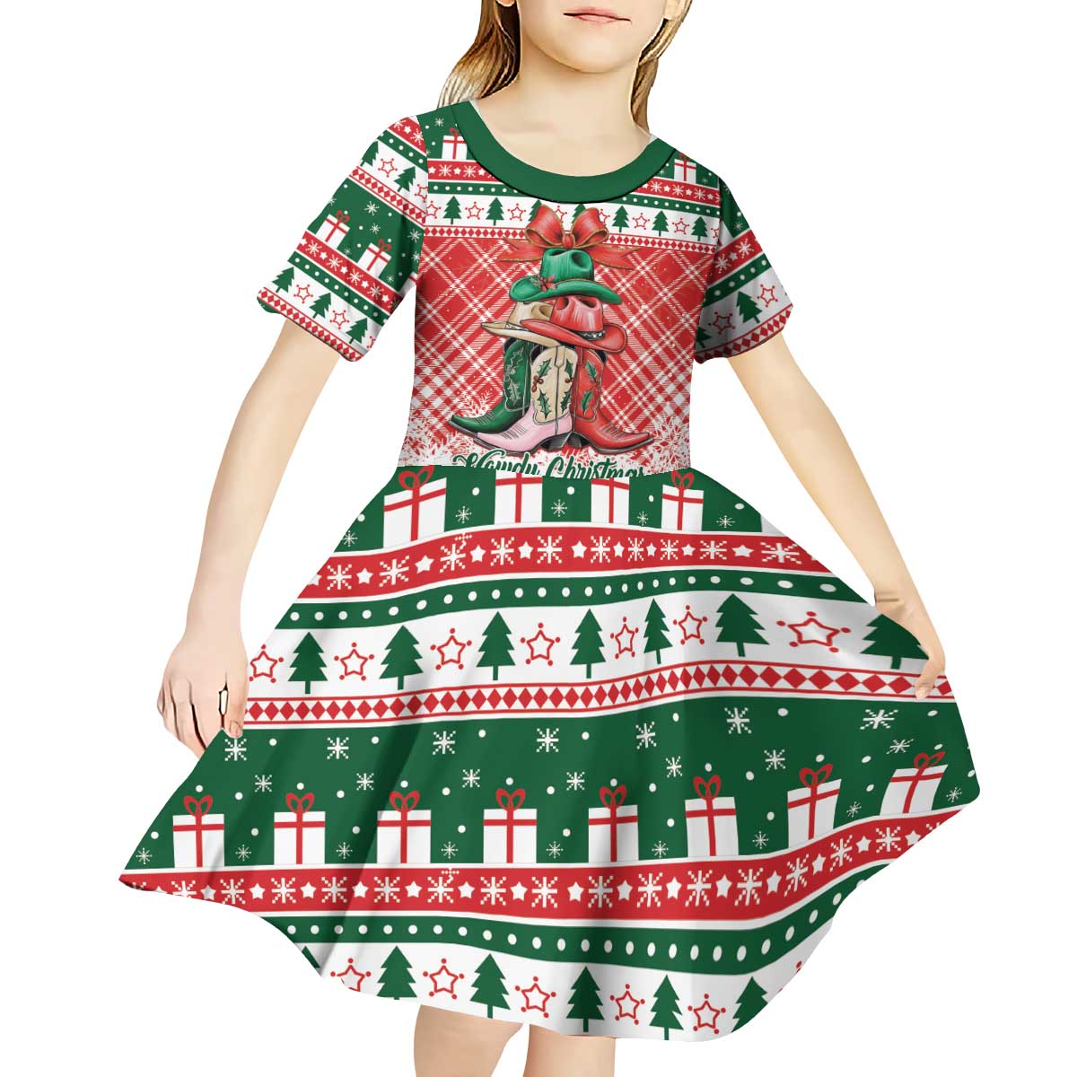 Personalized Cowgirl Boots Howdy Christmas Kid Short Sleeve Dress Western Christmas - Wonder Print Shop