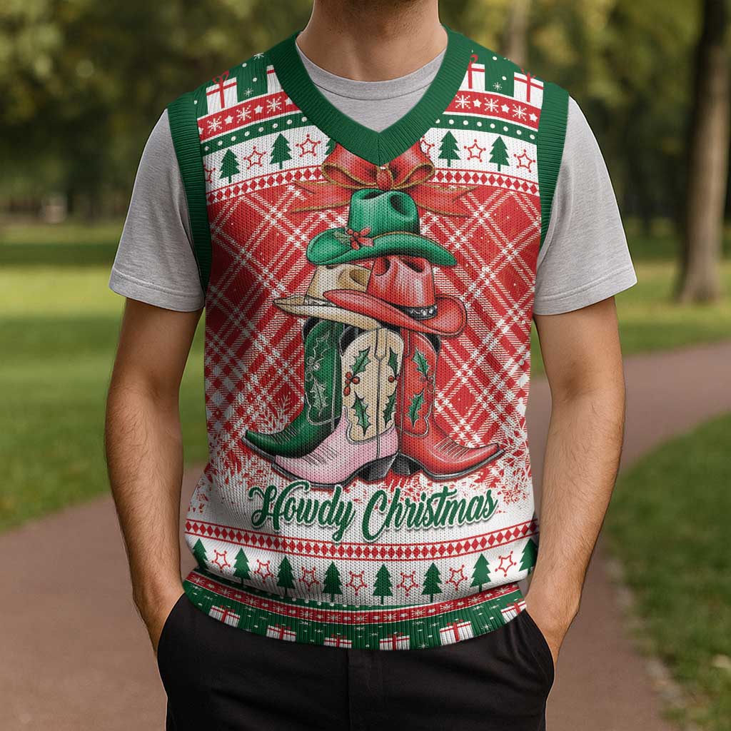 Personalized Cowgirl Boots Howdy Christmas Knitted V-Neck Vest Western Christmas - Wonder Print Shop