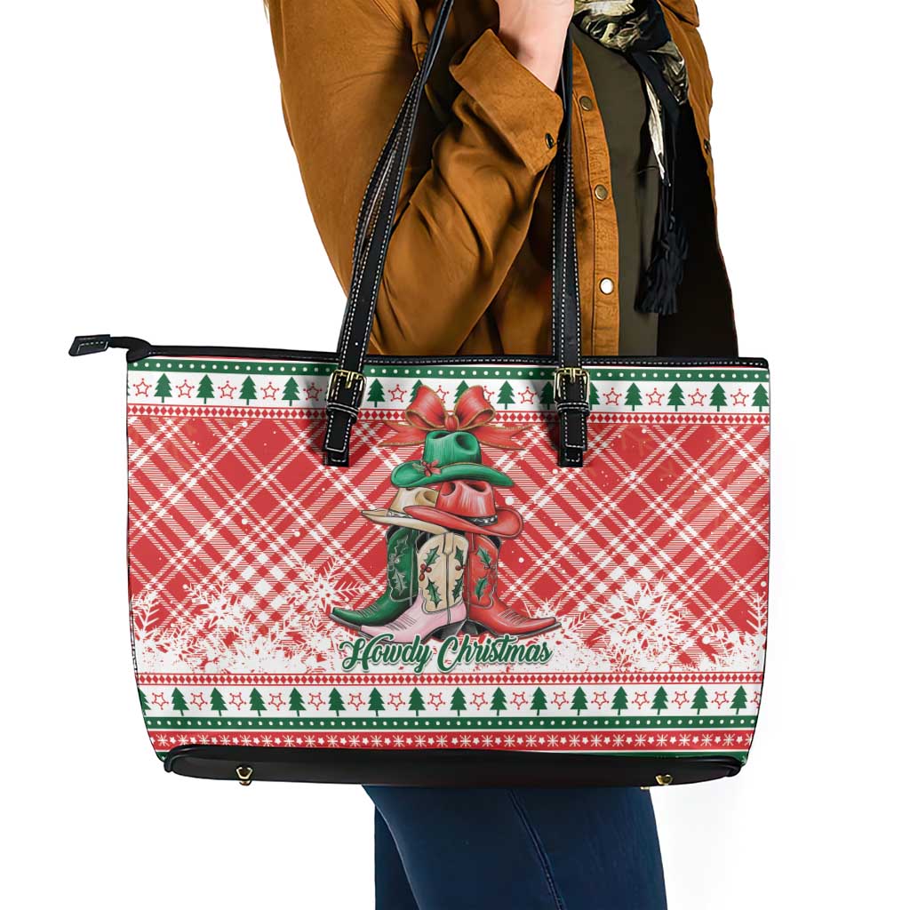 Cowgirl Boots Howdy Christmas Leather Tote Bag Western Christmas - Wonder Print Shop