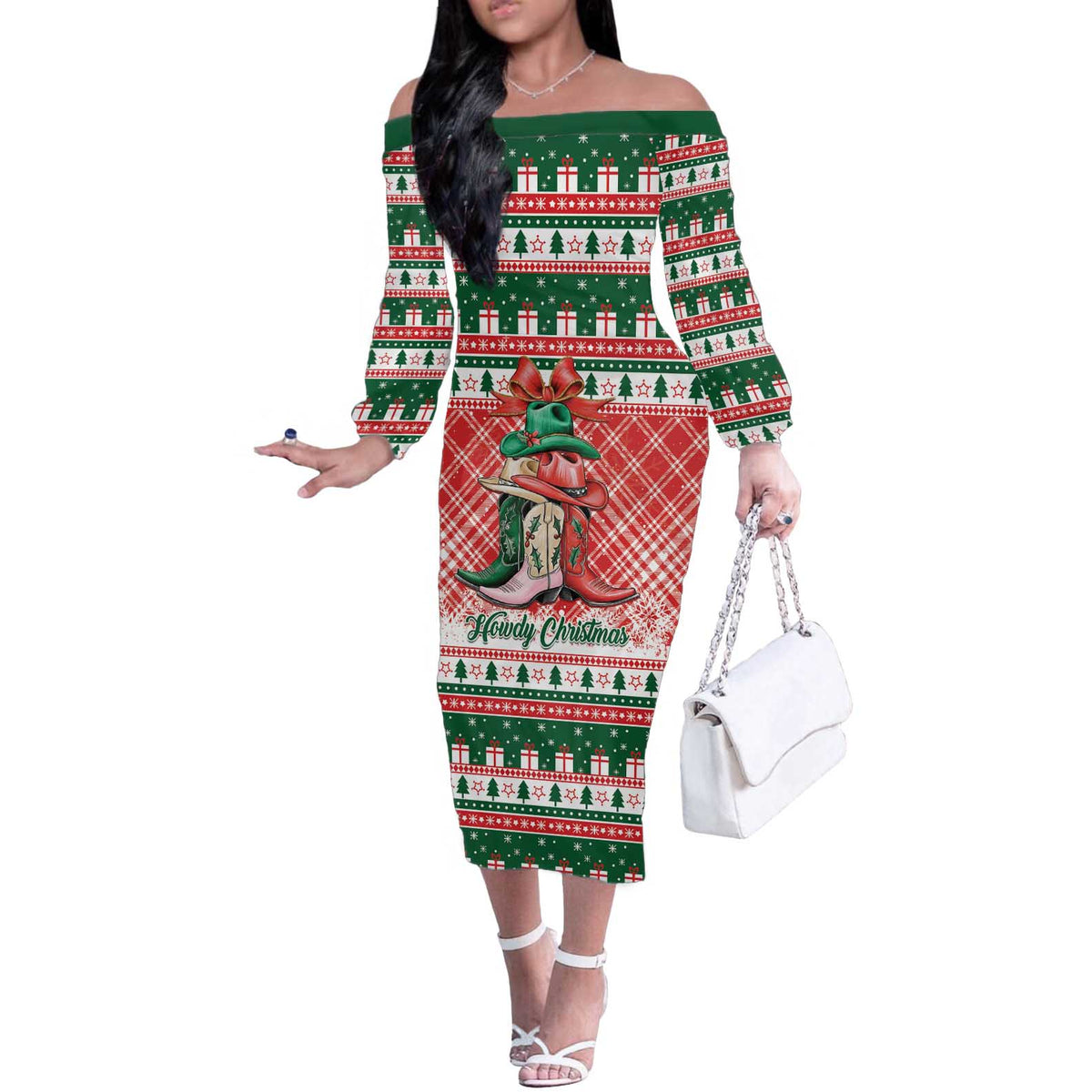 Personalized Cowgirl Boots Howdy Christmas Off The Shoulder Long Sleeve Dress Western Christmas - Wonder Print Shop