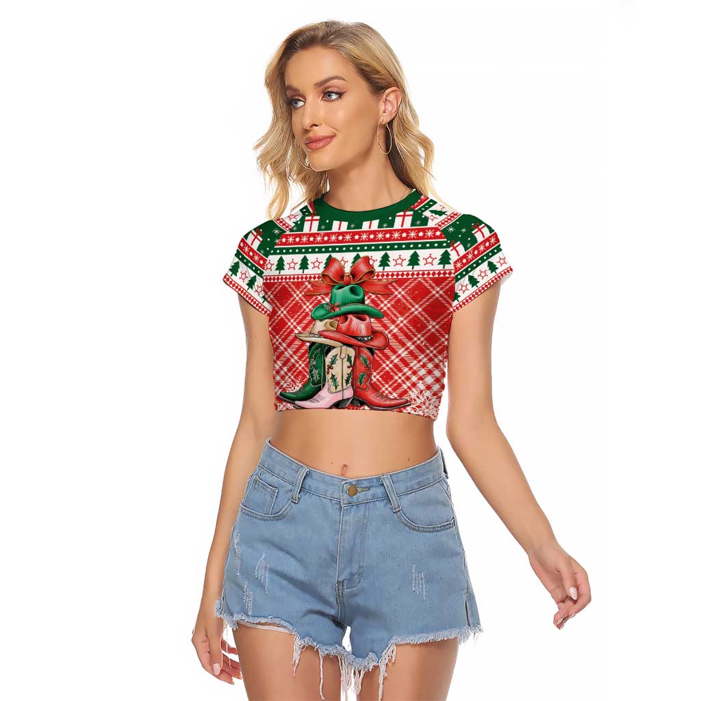 Personalized Cowgirl Boots Howdy Christmas Raglan Cropped T Shirt Western Christmas - Wonder Print Shop