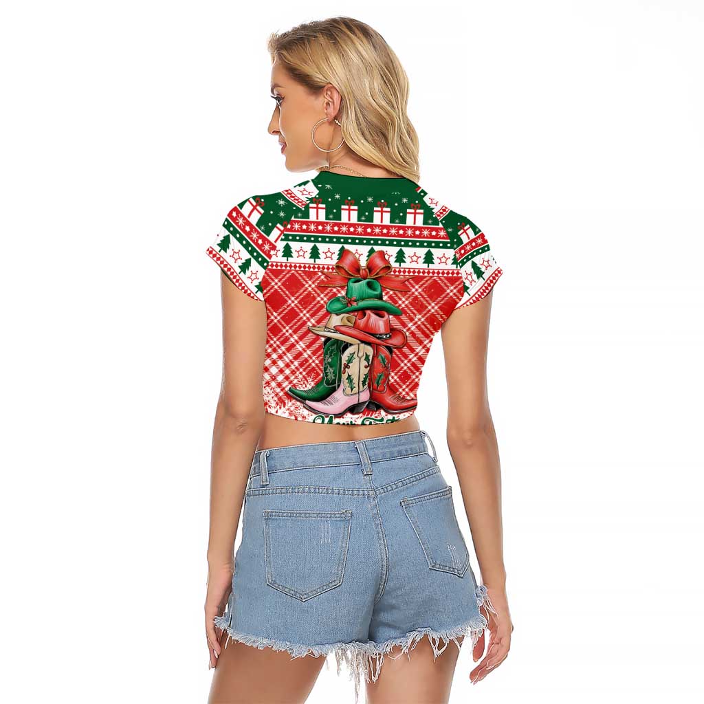 Personalized Cowgirl Boots Howdy Christmas Raglan Cropped T Shirt Western Christmas - Wonder Print Shop