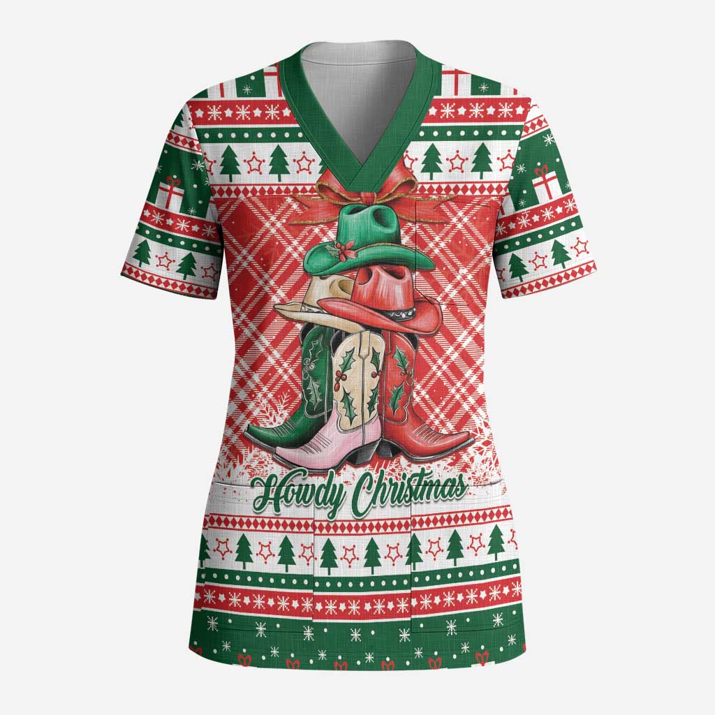 Personalized Cowgirl Boots Howdy Christmas Scrub Top Western Christmas - Wonder Print Shop