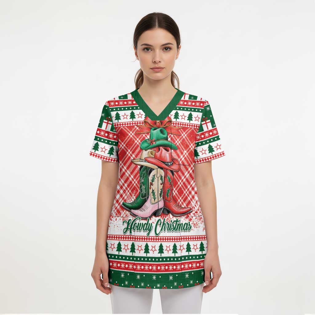 Personalized Cowgirl Boots Howdy Christmas Scrub Top Western Christmas - Wonder Print Shop