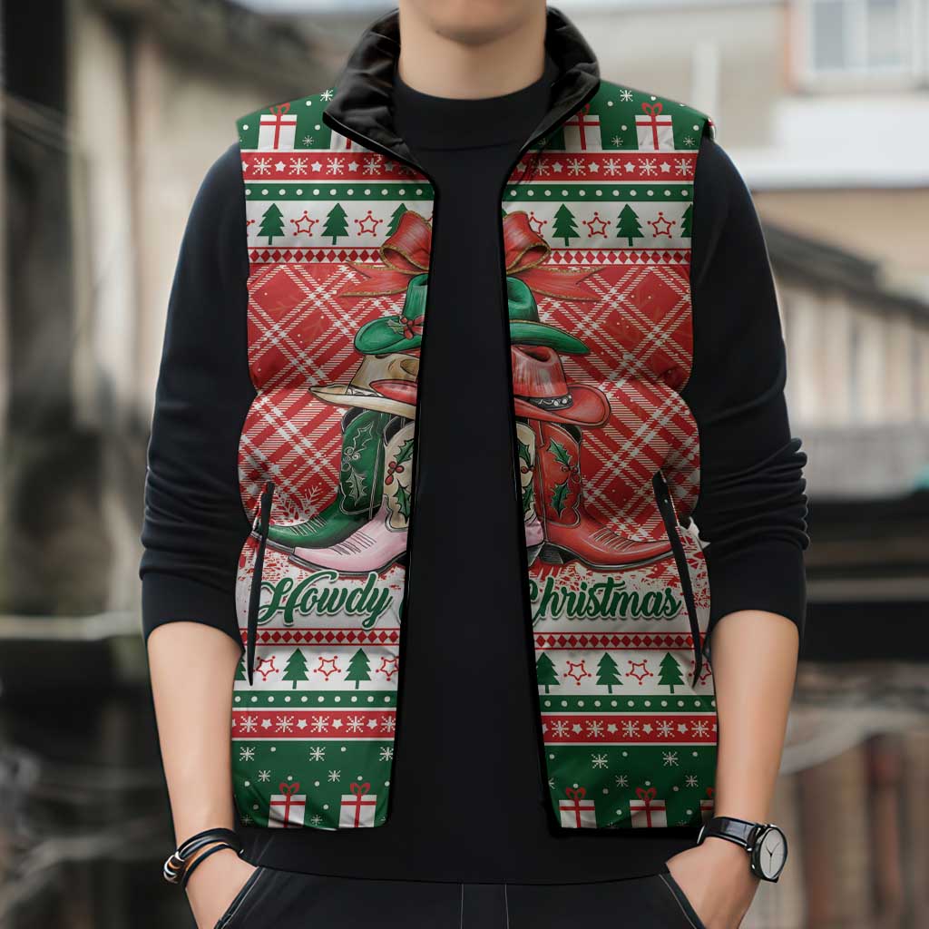 Personalized Cowgirl Boots Howdy Christmas Sleeveless Puffer Jacket Western Christmas - Wonder Print Shop