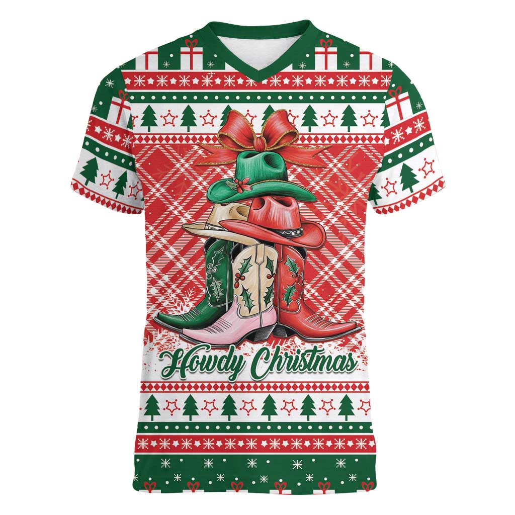 Personalized Cowgirl Boots Howdy Christmas Women V-Neck T-Shirt Western Christmas - Wonder Print Shop
