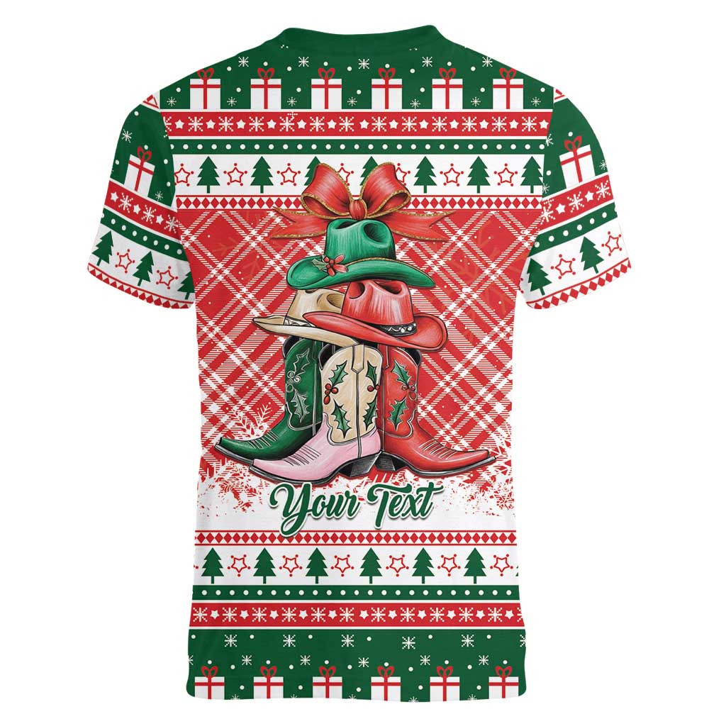 Personalized Cowgirl Boots Howdy Christmas Women V-Neck T-Shirt Western Christmas - Wonder Print Shop