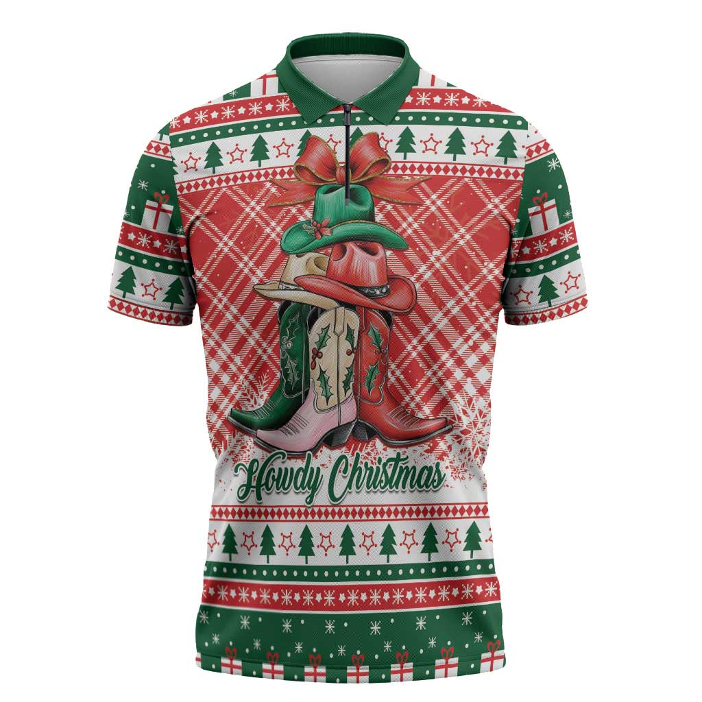 Personalized Cowgirl Boots Howdy Christmas Zipper Polo Shirt Western Christmas - Wonder Print Shop