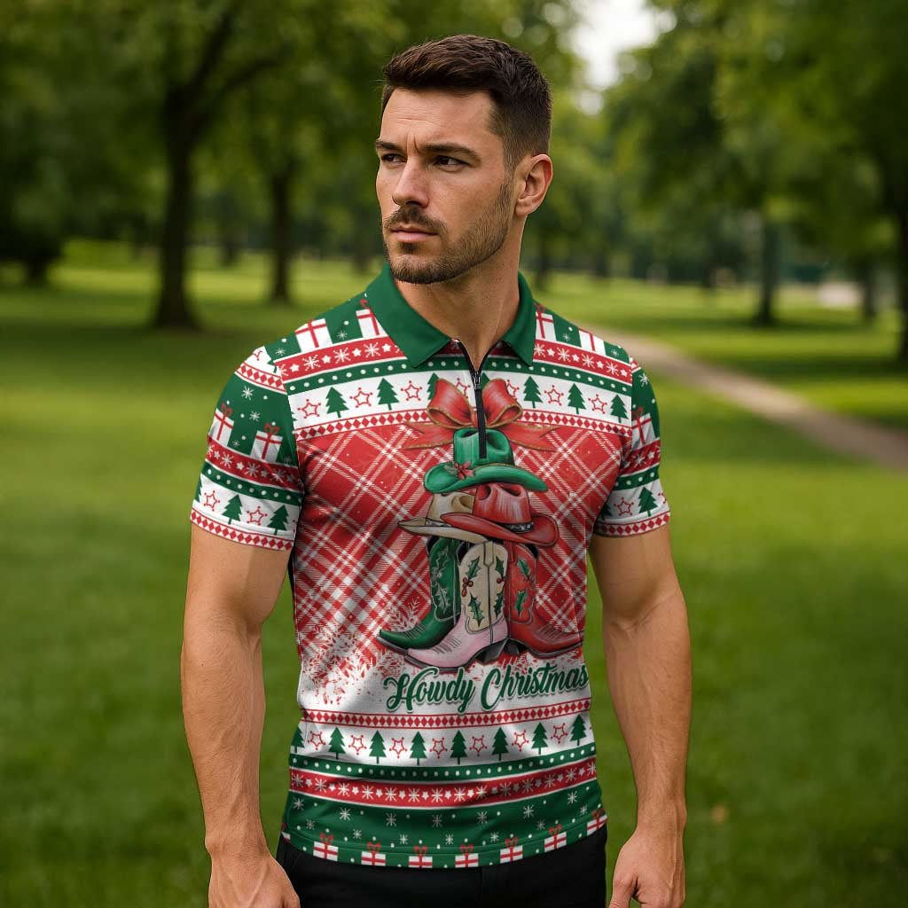 Personalized Cowgirl Boots Howdy Christmas Zipper Polo Shirt Western Christmas - Wonder Print Shop