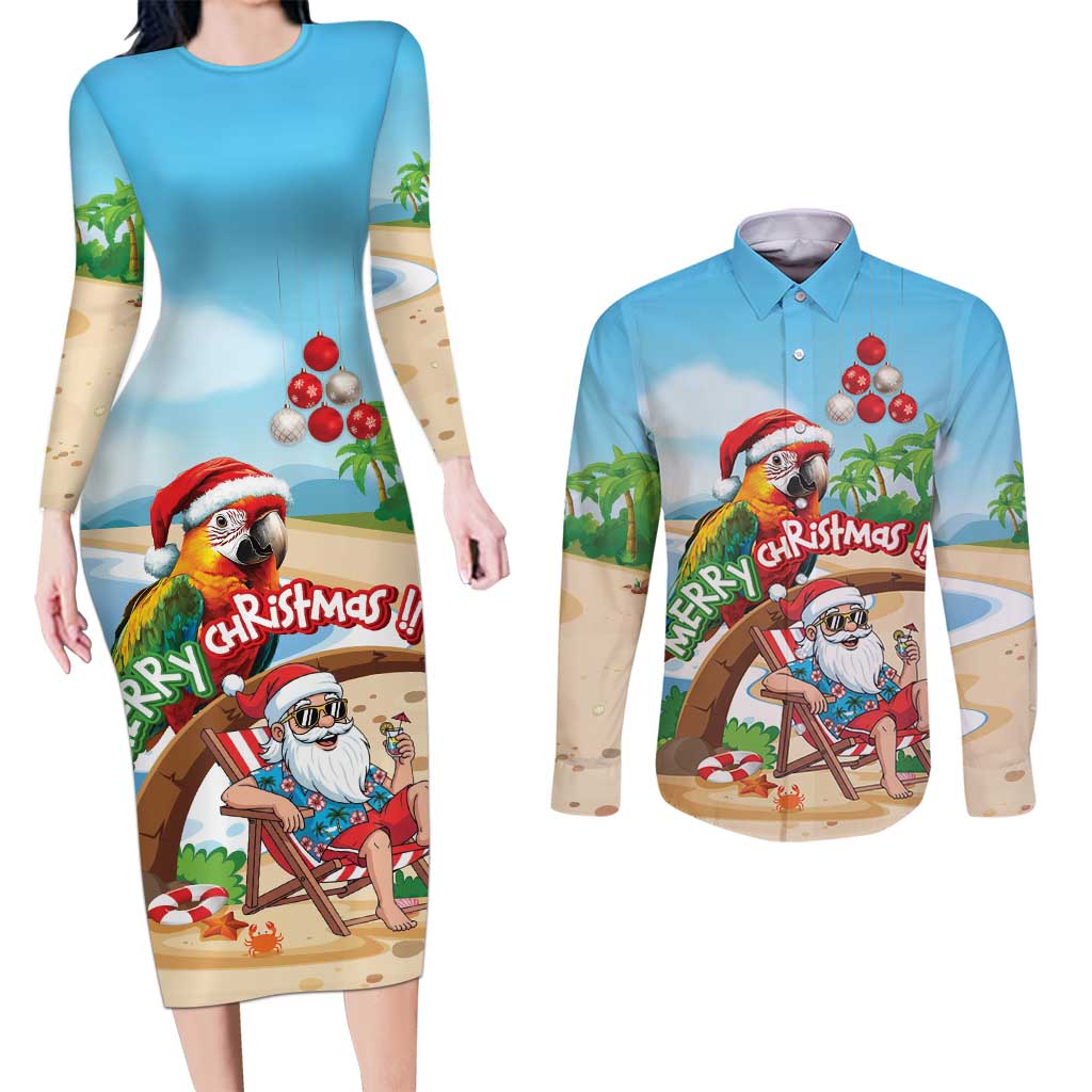 Personalized Hawaii Santa Parrot Christmas Couples Matching Long Sleeve Bodycon Dress and Long Sleeve Button Shirt Summer Vibe - Wonder Print Shop
