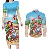 Personalized Hawaii Santa Parrot Christmas Couples Matching Long Sleeve Bodycon Dress and Long Sleeve Button Shirt Summer Vibe - Wonder Print Shop