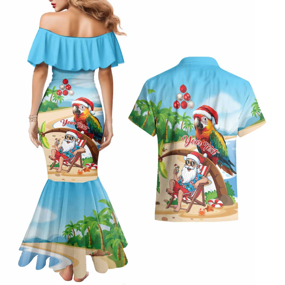Personalized Hawaii Santa Parrot Christmas Couples Matching Mermaid Dress and Hawaiian Shirt Summer Vibe - Wonder Print Shop