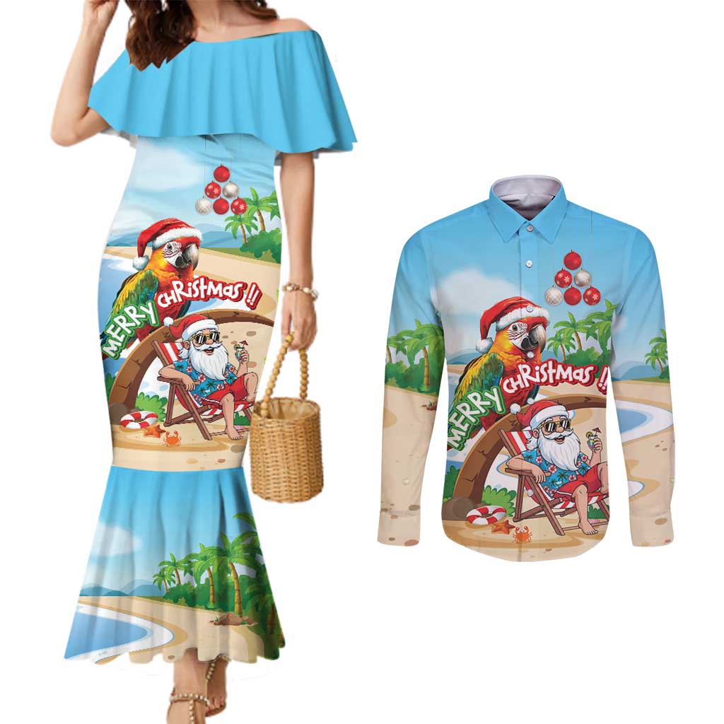 Personalized Hawaii Santa Parrot Christmas Couples Matching Mermaid Dress and Long Sleeve Button Shirt Summer Vibe - Wonder Print Shop